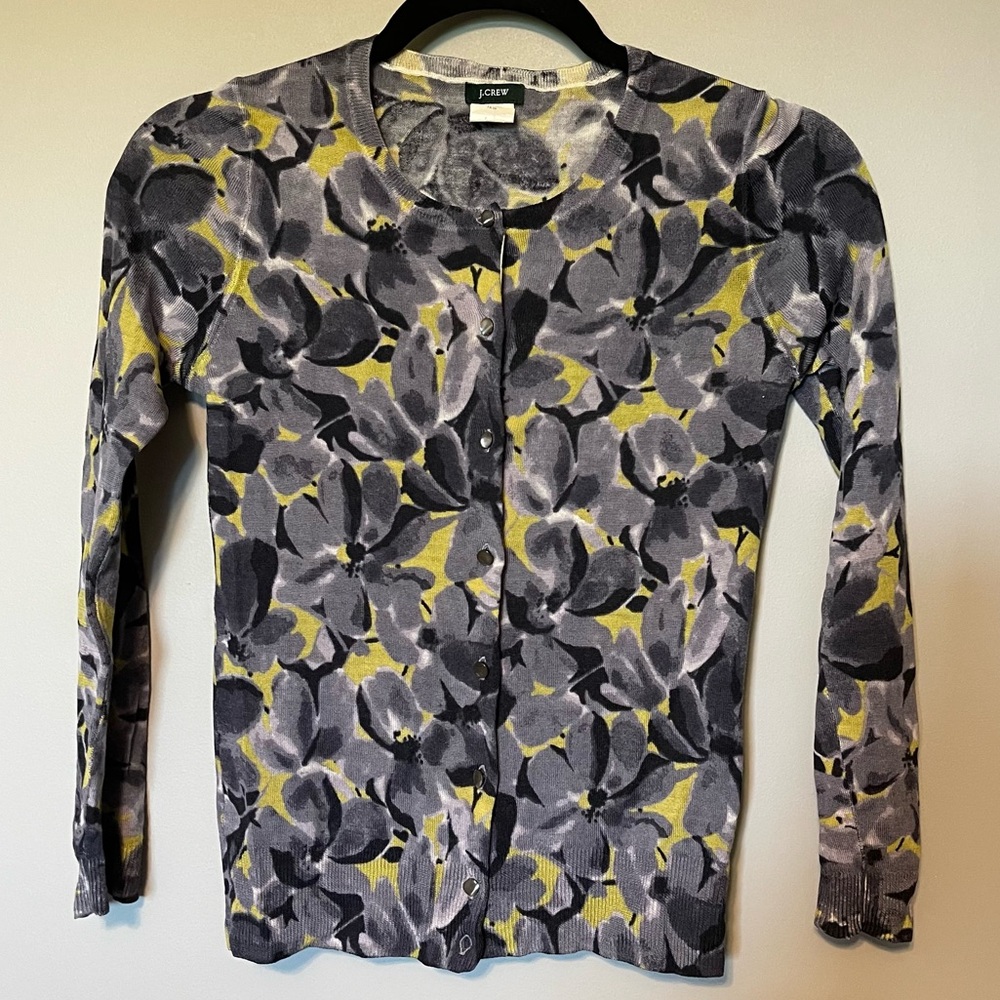 JCrew Floral Cardigan Size XS Lightweight Gray Yellow Merino Wool Corp Core Twee